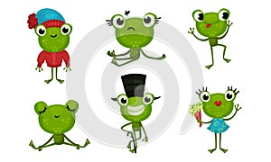 Six Funny Little Frog Characters In Cartoon Style Vector Illustrated Set