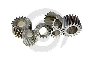 Six gear wheels on a white background