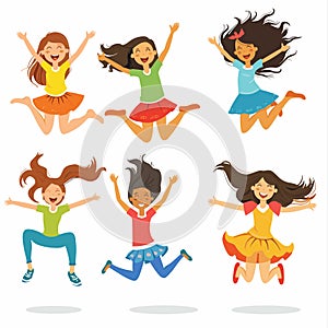 Six girls jumping happily diverse ethnicities joy. Young diverse female characters celebrate