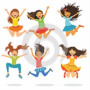 Six girls jumping happily diverse ethnicities joy. Young diverse female characters celebrate photo