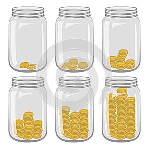 Six glass jars with different number of coins inside on a white