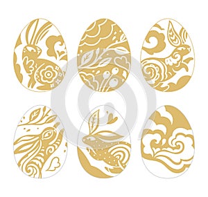 Six Gold Easter eggs template with rabbits and flora in folk style.