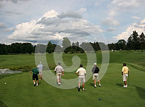 Six golfers on golf course