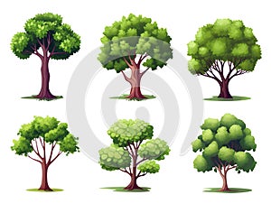 six green trees isolated on white background. illustration