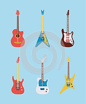 six guitars instruments musicals set icons