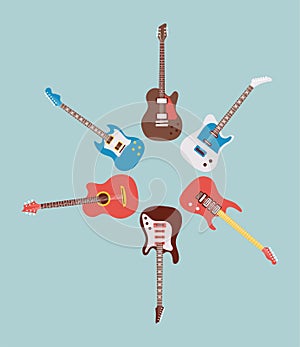 six guitars instruments musicals set icons around photo
