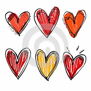 Six handdrawn hearts varying colors, displaying artistic strokes drips. Graphic style portrays photo