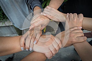 Six hands of multiracial colleague holding wrists of each other hands as team, business teamwork concept photo