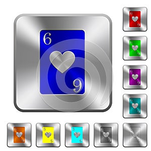 Six of hearts card rounded square steel buttons