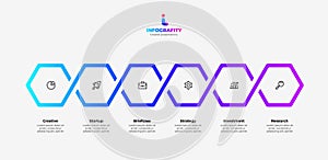 Six hexagons for business presentation. Process visualization or timeline. Vector infographic design template with 6