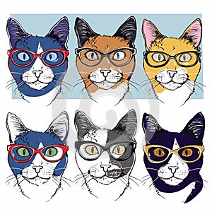 Six hipster cats wearing stylish glasses, colorful feline faces illustration. Hip, trendy cats