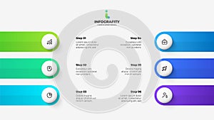 Six horizontal stripes with circles. Creative infographic design template with 6 options, parts, steps or processes