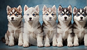 Six Husky dog puppies portrait