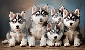 Six Husky dog puppies portrait