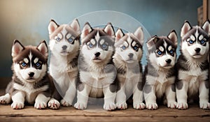 Six Husky dog puppies portrait