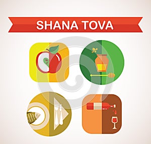 Six icons for Rosh Hashana, Jewish holiday. photo