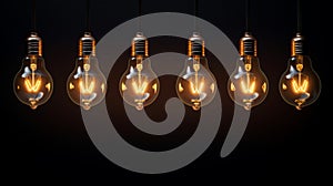 Six illuminated vintage light bulbs in a row