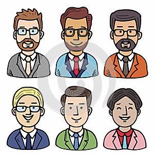 Six illustrated characters, professional men avatars, various hairstyles, facial hair, glasses