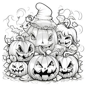 Six jack-o-lantern pumpkins with different facial expressions, Halloween black and white picture coloring book