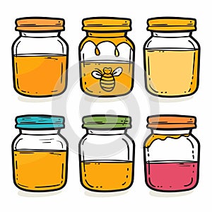 Six jars honey various lids colors cartoon style isolated white background. Middle jar decorated photo
