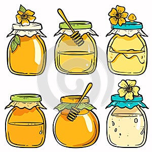 Six jars honey vector illustration, handdrawn style, colorful, glass jars fabric lids, honey photo