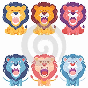 Six lions exhibit various emotions colors. Top row cheerful yellow lion, angry orange lion, sad photo