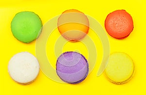 Six macarons, sweet meringue-based confection