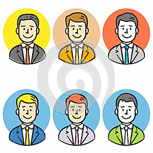 Six male cartoon characters, shoulders up colorful circle background. Characters varied hair