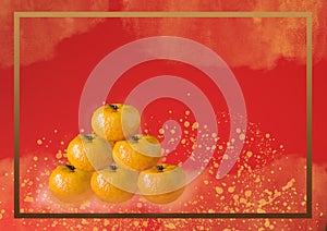 Six Mandarin Oranges on Red Background