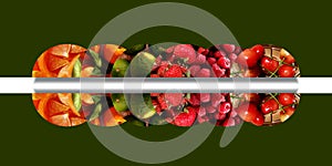Six mirrored semicircles full of various fruity textures photo