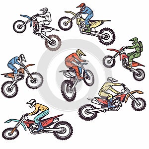 Six motocross riders performing stunts dirt bikes, wearing helmets jumpsuits. Colorful