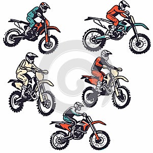 Six motocross riders performing tricks, wearing different colored gear helmets. Motocross bikes