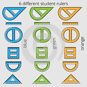 Six multi-colored different rulers of student