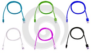 Six multi-colored usb cables on a white isolated background
