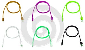 Six multi-colored usb cables on a white isolated background