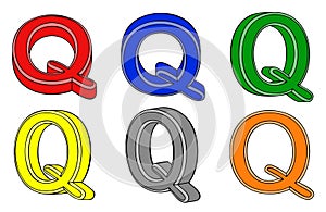 Six multicolored letter Q 3d