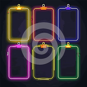Six neon clipboard outlines glowing darkness, array vibrant colors, neon office supplies. Empty photo