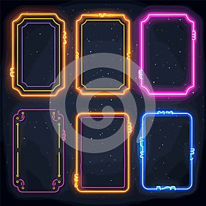 Six neon glowing frames dark space background stars, colors include orange, yellow, pink, blue