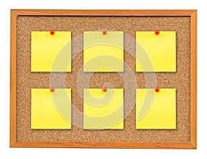 Six note paper on Cork board isolated on white