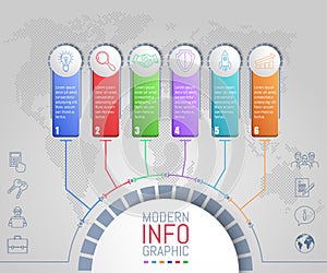 Six options or steps infographic on dotted world map abstract background. Business thin line icons.