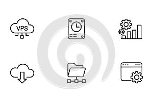 Six outline icons for cloud computing and data management services vector illustration