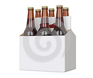 Six pack of Brown beer bottles in blank carrier. 3D render, isolated isolated over a white background.