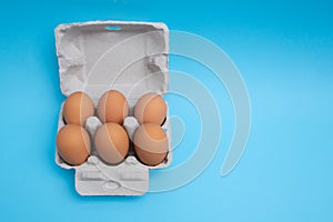 Six pack of eggs in carton.
