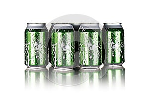 a six-pack of ginger ale cans in white background
