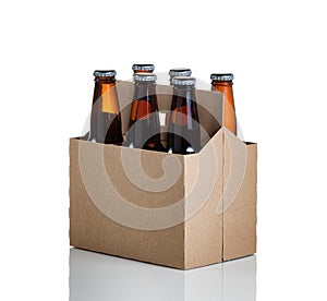 Six pack of glass bottled beer in generic brown cardboard carrie