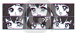 Six pairs of anime eyes look. Manga style.