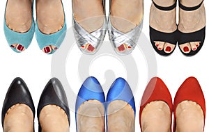 Six pairs of legs in shoes and sandals of different colors.