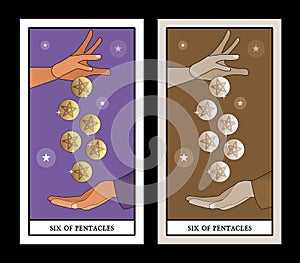 Six of pentacles. Tarot cards. A generous hand giving six golden pentacles to another hand that collects them in an attitude of