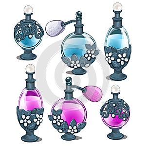 Six perfume bottles with silver floral ornament