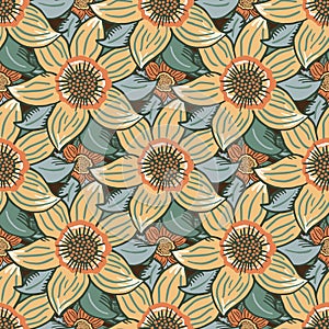 Six petal wildflower vector seamless pattern. Orange green botanical background with hand drawn meadow flowers in arts